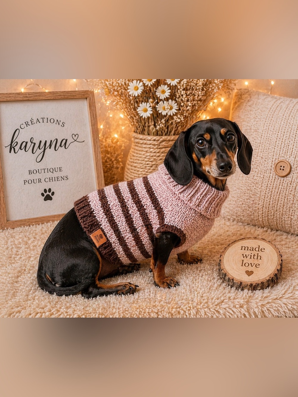 Cozy hand-knitted Dog Sweater - Pink & Brown Stripe